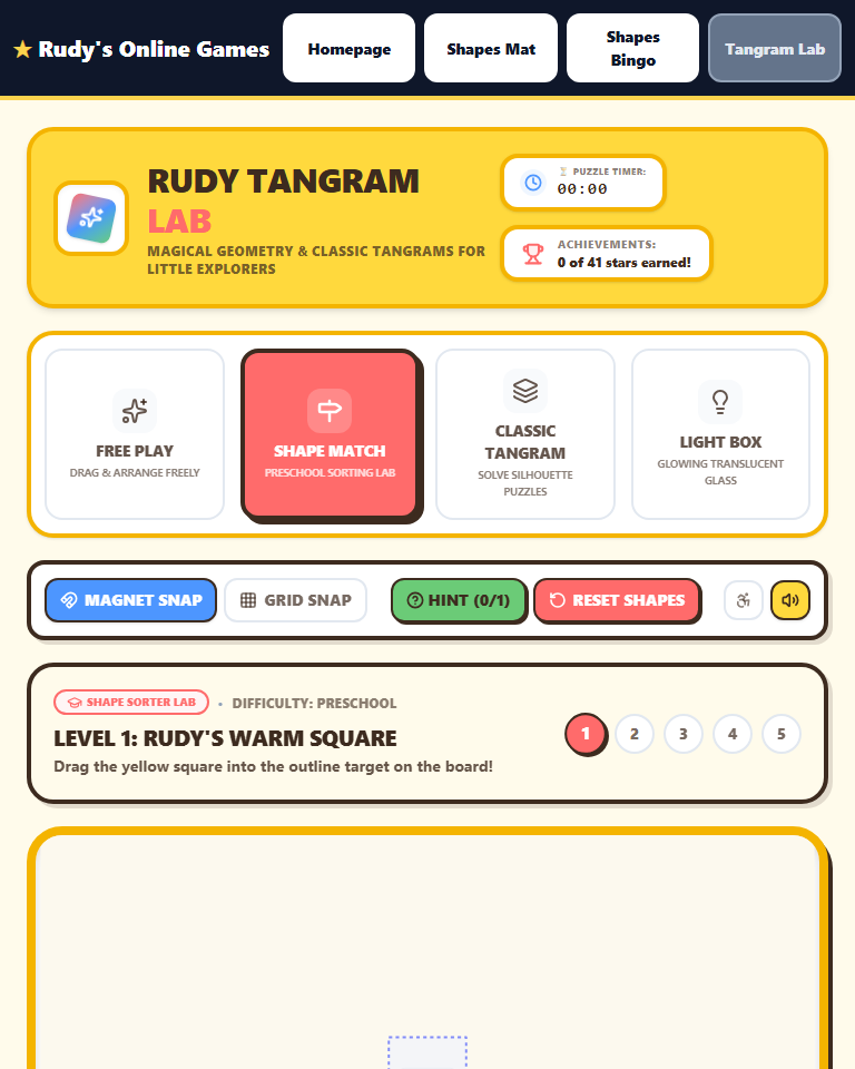 Rudy's Tangram Lab game showing colourful tangram pieces